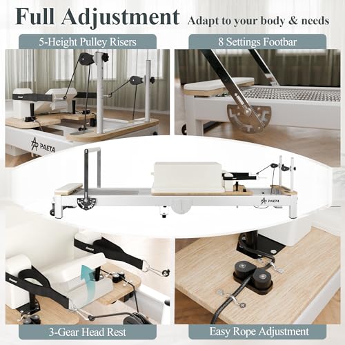 PAETA Pilates Reformer, 92” Aluminum Reformer Pilates Machine, Foldable Pilates Machine Equipment, with Music Wire Springs and Jump Boards, White
