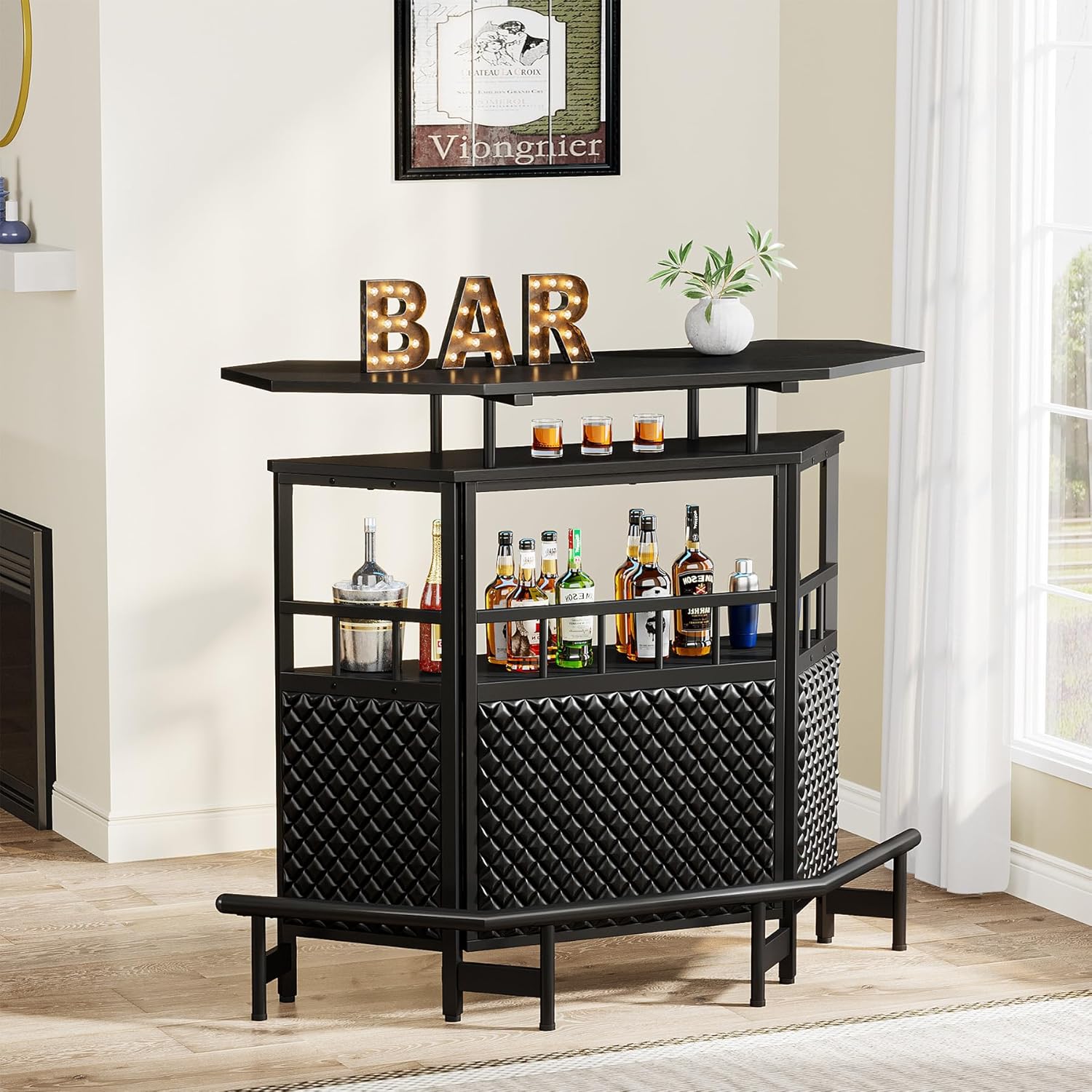 Bar Unit for Liquor, 4 Tier Home Bar Cabinet with Stemware Rack, Storage Shelf and Footrest, 47.24" L x 20.86" W x 43.3" H, Black