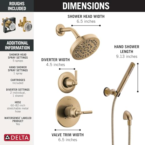Delta Faucet Saylor 3-Setting Gold Shower System Including Shower Head, Handheld Shower, Shower Handle, Shower Diverter and Shower Valve Kit, Delta Shower Trim Kit, Champagne Bronze