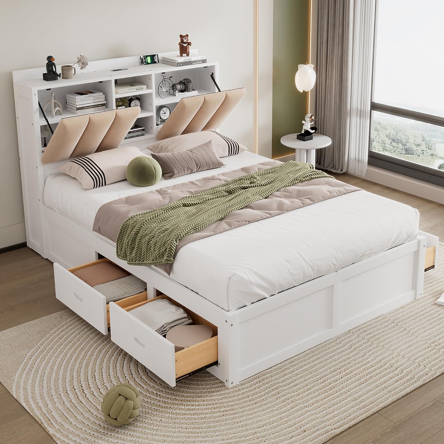 Wood Full Size Platform Bed with Storage Headboard and 4 Drawers, White