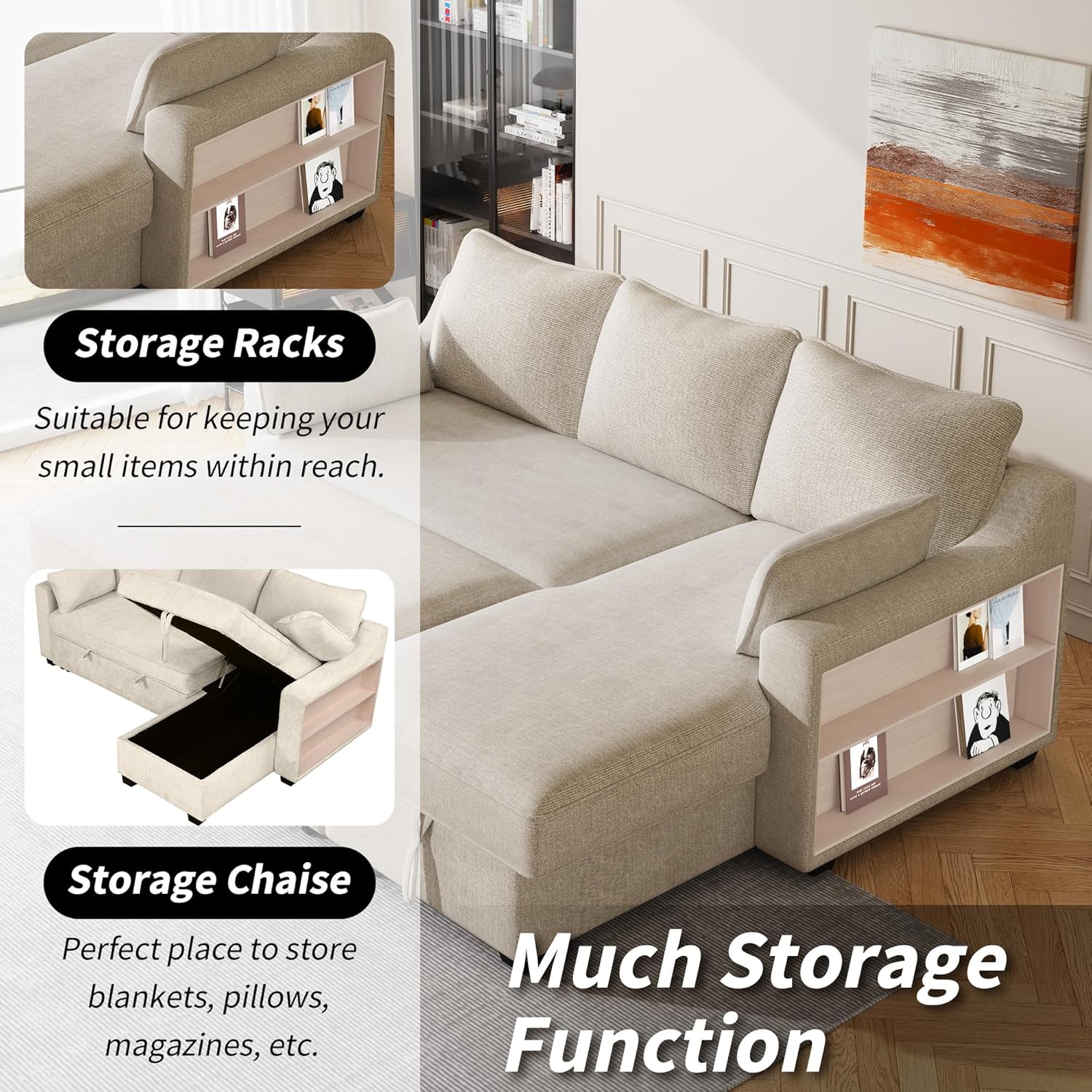 FANYE L-Shape Reversible Sleeper Sectional Couch Pull Out Sofa Bed w/Storage Chaise,Racks and USB Ports,Modern Linen Tufted Upholstered Convertible Sofabed with 2 Pillows for Living Room