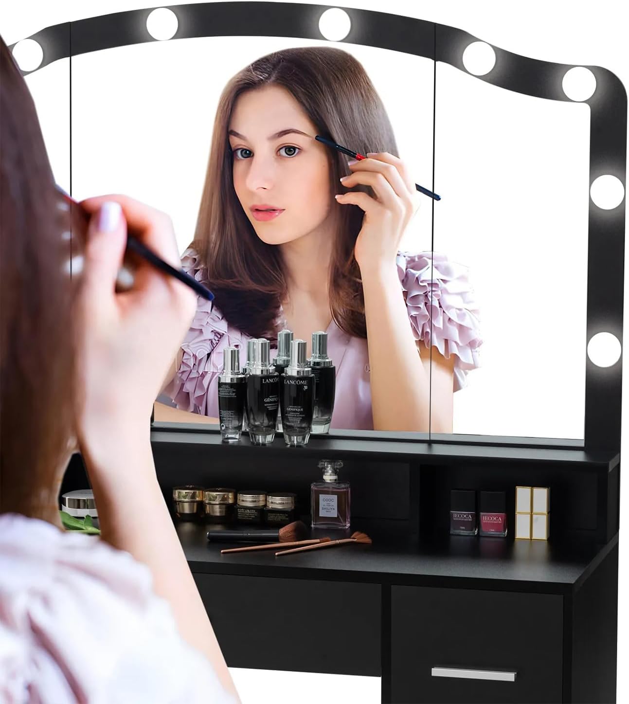 Modern 43.3 inches Black Vanity Desk with Large Lighted Mirror Makeup Vanity Table LED Lights 7 Drawers Storage Shelf Shelves Dressing Drawer Dresser Bedroom Home Wood New