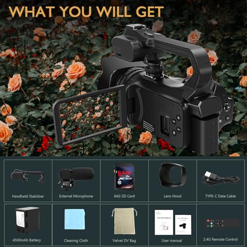 6K Camcorder Video Camera 64MP IR Night Vision Vlogging Camera for YouTube 18X Digital Zoom 4.0 Inch Touch Screen Video Camera with WiFi, Microphone, Remote Control, 64GB SD Card,Stabilizer