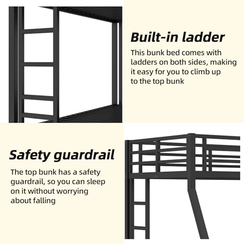 Twin XL Over Twin XL Bunk Bed, Metal Bunk Bed Frame Heavy Duty Bunk Beds Loft Bed Frame with Ladder and Guardrail Metal Slats No Box Spring Required for Adults Teens, Black