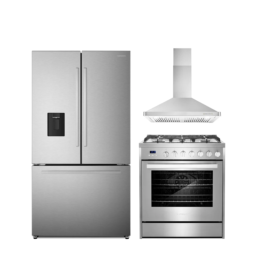3 Piece Kitchen Package with 30" Freestanding Gas Range 30" Wall Mount Range Hood 36" French Door Refrigerator