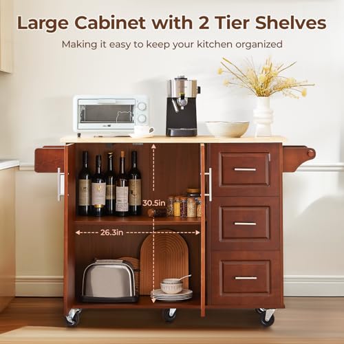 54" Large Kitchen Island Cart with Drop Leaf, Kitchen Island with Storage, Rolling Kitchen Island with Inside Cabinet, 3 Drawers, Spice Rack, Towel Rack and Wood Tabletop(Black)