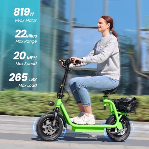Caroma Peak 800W/1200W Electric Scooter Adults, 30 Miles Max Range, Foldable Electric Scooter with Seat, Front Suspension, Detachable Large Basket,Commuter E-Scooter for Adult and Teens