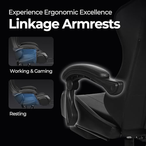 N-GEN Video Gaming Chair with Footrest High Back Ergonomic Comfortable Office Computer Desk with Lumbar Support Height Adjustable with PU Leather Recliner for Adults Women Men (Black)