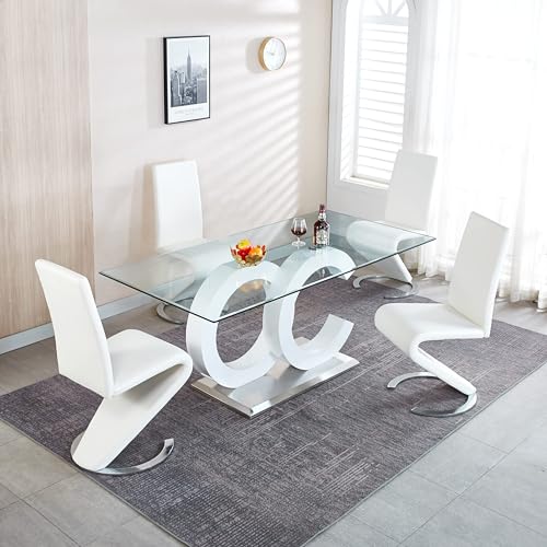 70 inch Glass Dining Table for 8, Modern Clear Tempered Glass Dining Room Table with Golden Stainless Steel Pedestal, Large Rectangular Glass Kitchen Table for Dining Room Dinner Office