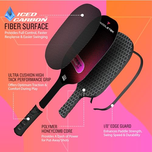 Paddletek Tempest Reign V3 Pickleball Paddle | Professional Pickleball Paddles with Polymer Honeycomb Core, ICED Carbon Fiber Surface, Tempest PolyCore & High Tack Performance Grip | USAPA Approved