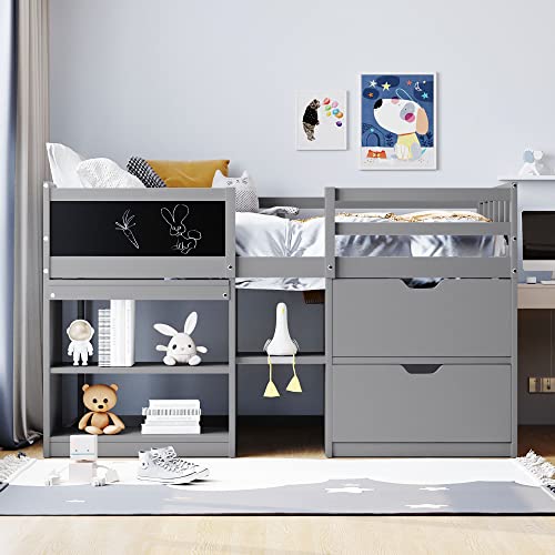 Twin Size Wood Loft Bed with Desk and Drawers, Convertible Shelves, Cabinet and Ladder, for Kids Teens, White