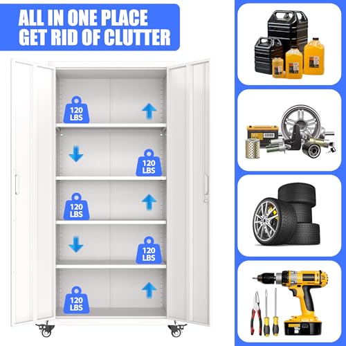 73" H Metal Storage Cabinet with Wheels, Garage Storage Cabinet with 4 Adjustable Shelves and Lockable Doors for Garage Home Office Utility Room,Required Assembly,Black