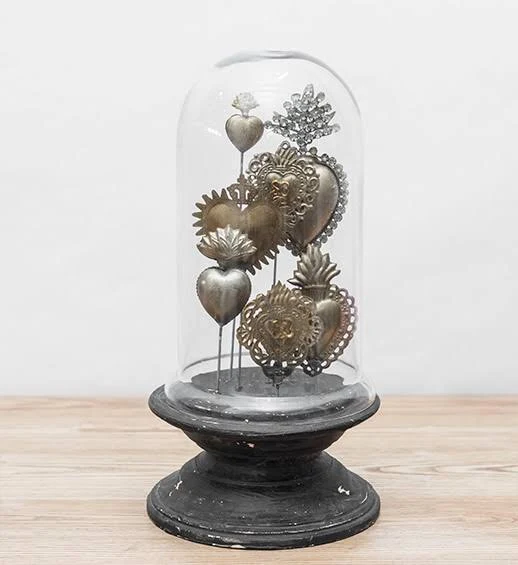 Creative Tin Sacred Hearts on Wood Pedestal with Glass Cloche