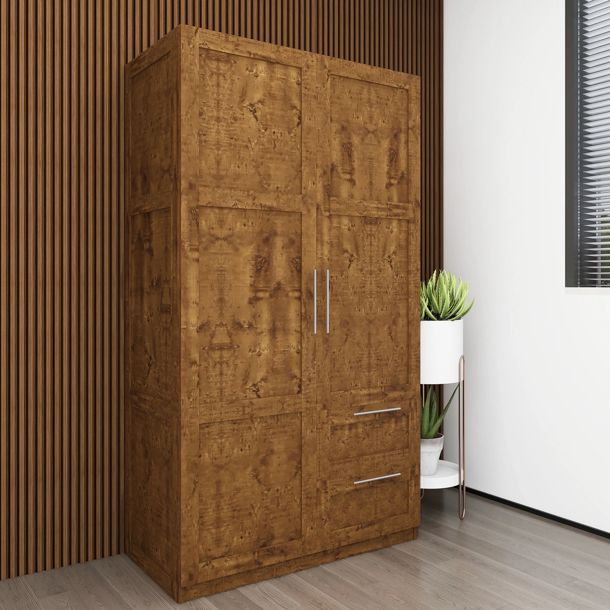 HIUU Double Wardrobe Cabinets,Wood Armoire with Drawers and Shelves for Living Room,Wood Armoire Wardrobe with Hanging Rod,Retro Brown