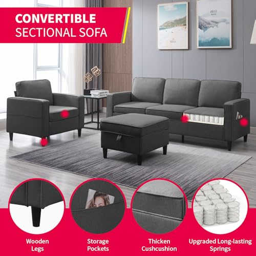 MUZZ 3PCS Living Room Sofa Set, Linen Upholstered Sofa Couch with Side Pockets & Movable Storage Ottoman, Free Combination Sofa Set Include Armchair,Loveseat and 3 Seater Couch (Dark Grey)