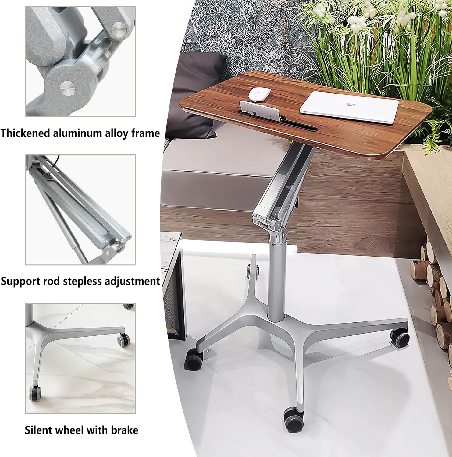 Standing Desk Adjustable Height Small Rolling Laptop Stand Desk,41.9in Standing or Sitting Computer Workstation with Wheels for Home Office Bedside Laptop Cart