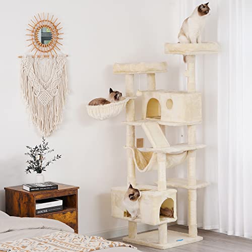 Hey-brother Cat Tree, XL Cozy Cat Tower, 69 Inch Tall Cat Condo with Hammock, Basket, Scratching Posts, 2 Large Cat Caves, 2 Plush Perches, Stable Cat Activity Center, Light Gray MPJ033W