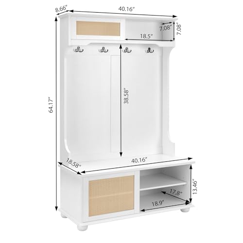 64" 3-in-1 Hall Tree Entryway Four Hooks Rattan Door Shelves Shoe Storage Bench Cabinets with Solid Feet for Hallway Living Room