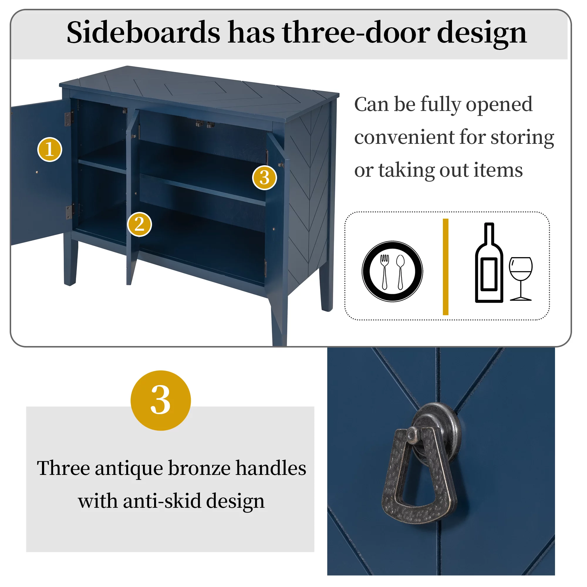 Ouyessir Solid Wood Buffet Sideboard Entry Console Table, Antique Storage Cabinet with Doors and Adjustable Shelf, for Living Room, Dining Room, Kitchen, 37" L x 15.7 W x 31.5 H, Navy Blue