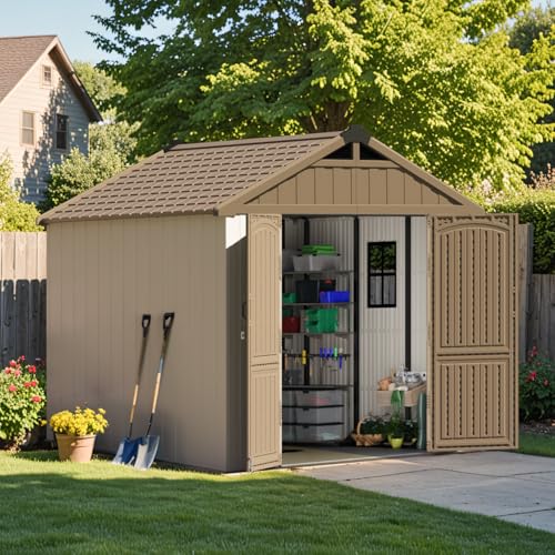 Patiowell 8 x 12 FT Plastic Outdoor Storage Shed with Floor, Resin Shed with Window and Lockable Door for Garden, Backyard, Tool Storage Use, Easy to Install in Beige (Kick-it Shed)