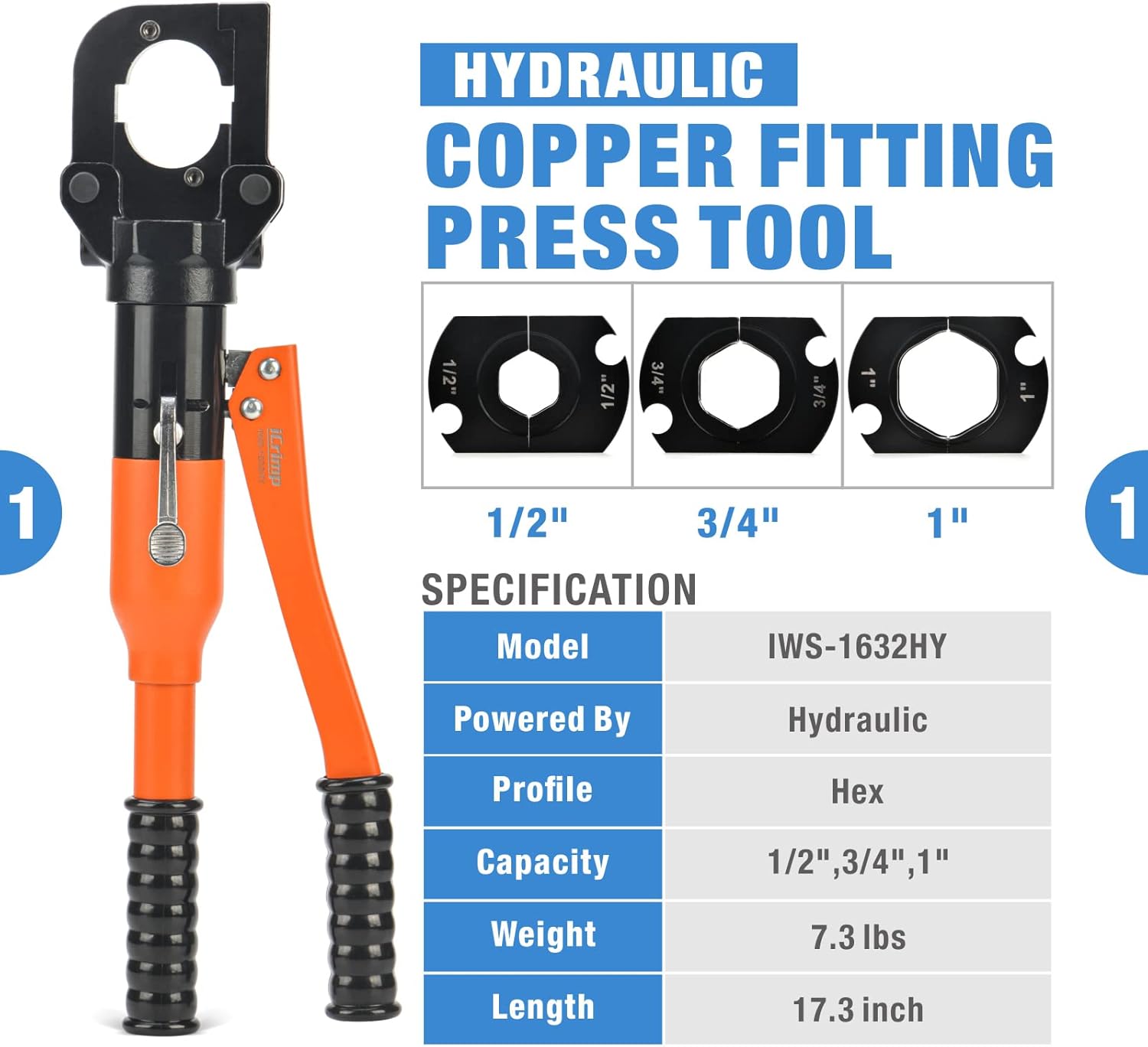 iCrimp Hydraulic Copper Tubing Press Tool Kit for 1/2-in, 3/4-in, 1-in Propress Copper Fittings, Copper Tubing Cutter & Chamfer Tool Included