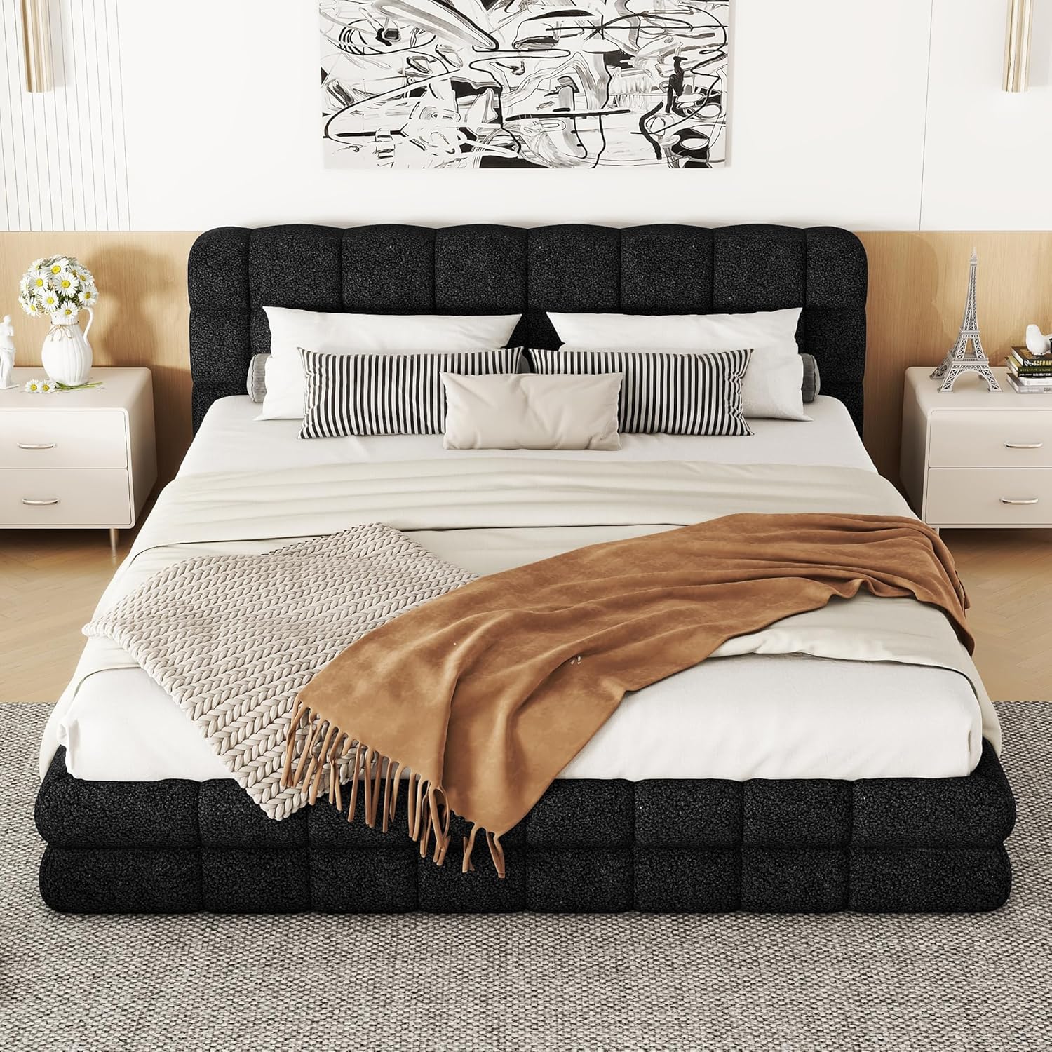 Queen Size Upholstered Platform Bed Frame, Black，Modern and Stylish Queen Bed Frame with Headboard, Perfect for Bedroom Furniture and Storage Solutions