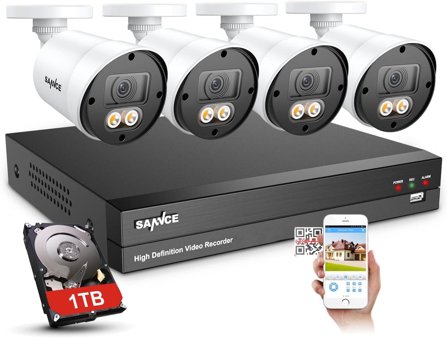Wired Security Camera System, SANNCE 1080P 8 Channel DVR with 4Pcs Full Color Night Vision Surveillance Cameras Systems, Smart Motion Detection, 3500K Smart Warm Spotlight LED Built-in, No Hard Drive
