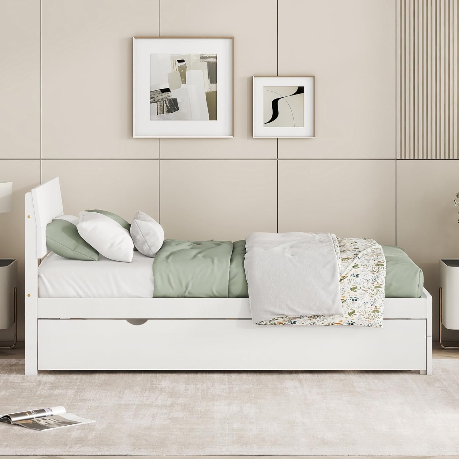 Modern Twin Bed Frame with Twin Trundle for White High Gloss Headboard and Footboard with Washed White Color