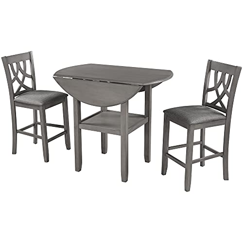 Farmhouse 3 Piece Dining Table and Chairs Set Round Drop Leaf Counter Height Small Space Bistro Bar Kitchen Dining Room Table Set with Storage Shelf 2 Badded backrest Chairs Furniture Set