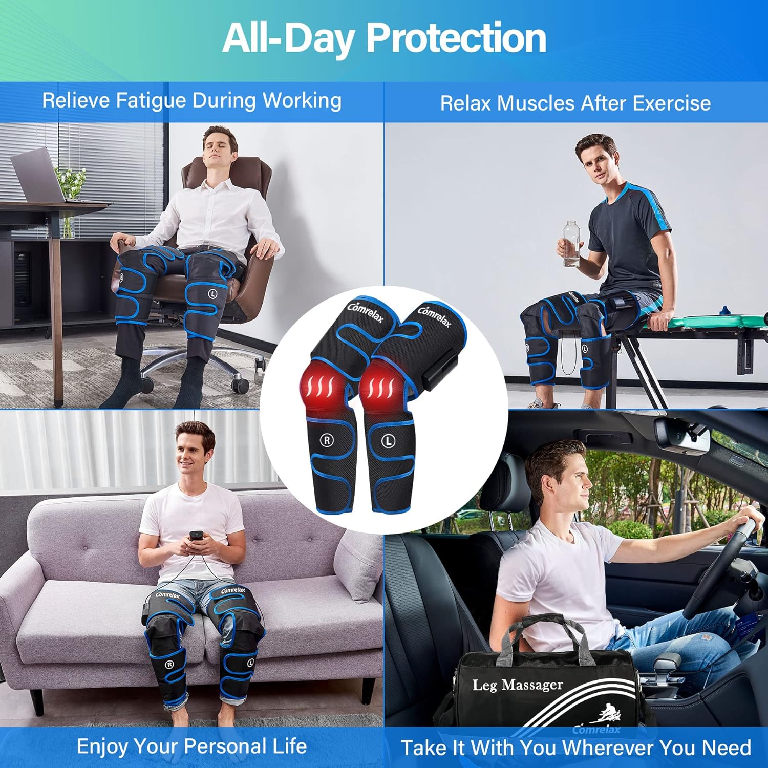 Rechargeable Leg-Massager for Circulation with Heat, Portable & Cordless Air Compression Leg Massager for Muscles Relaxation, Massage Calf & Thigh, Handheld Controller with 3 Modes 3 Intensities