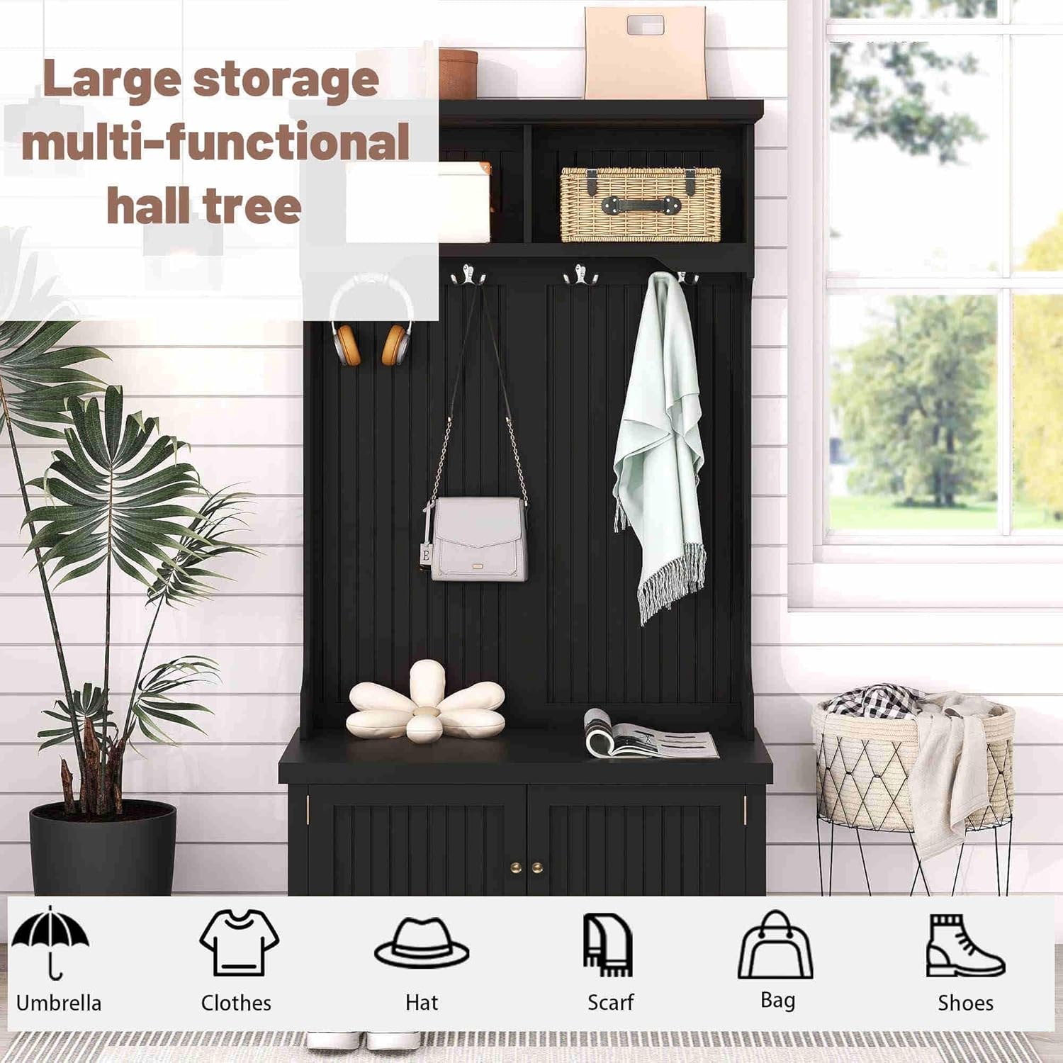 Modern Entryway Hall Tree with Bench and Shoe Storage, Coat Rack - 4-in-1 Design - Sturdy and Stylish Hall Tree for Entryway, Laundry Room, Closet - Easy Assembly - Holds up to 200 lbs