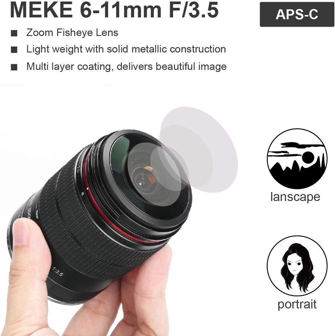 MEKE 6-11mm F/3.5 Wide Angle APS-C Manual Focus Zoom Lens Compatible with EF Mount DSLR Cameras