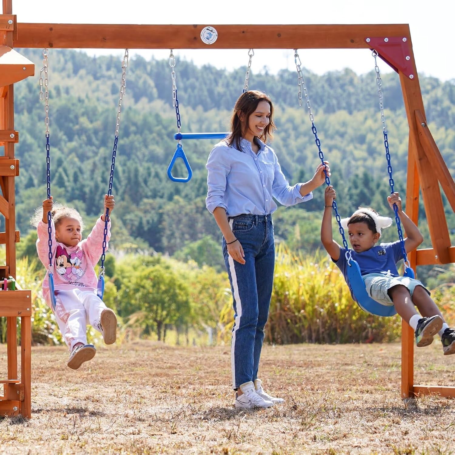 Dolphin Playground Swing Sets for Backyard with Monkey bar, Wooden Playground Sets for Backyards with 8FT Wave Slide, Multi-Functional Shelf, 2 Belt Swings, Outdoor Playset for Kids 3-10
