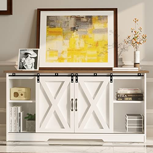 4 EVER WINNER Farmhouse TV Stand with Sliding Barn Doors, Espresso Entertainment Center for 65 Inch TV with Storage Cabinet, Classic Media Console for TV Up to 65 Inch TV Furniture for Living Room