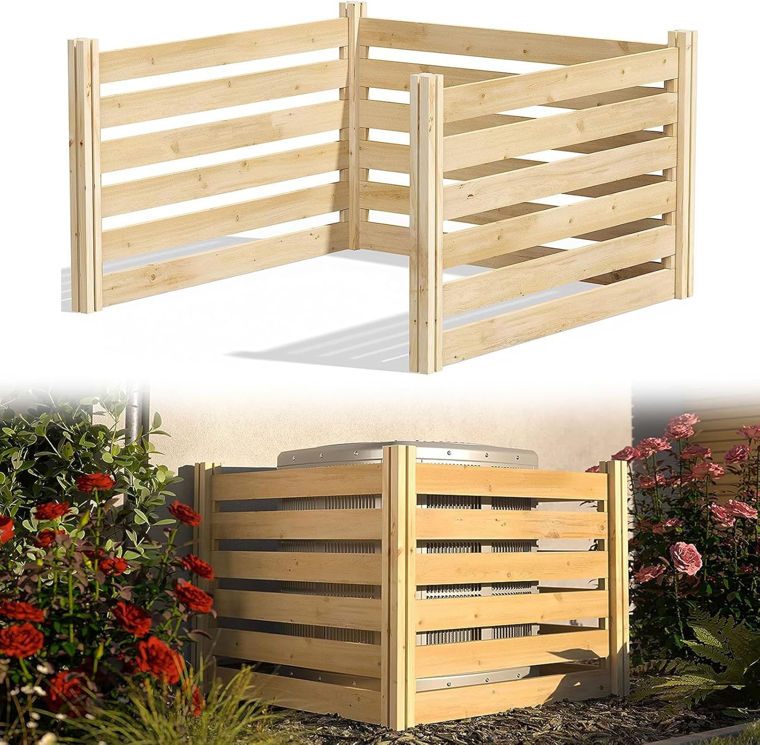 Air Conditioner Fence Privacy Screen, Cedar Wood Outdoor Air Conditioning Cover Privacy Fence Screen Pool Equipment Trash Enclosure Can Enclosure Bins and A/C Units (36" W x 36" L,3 Panels)