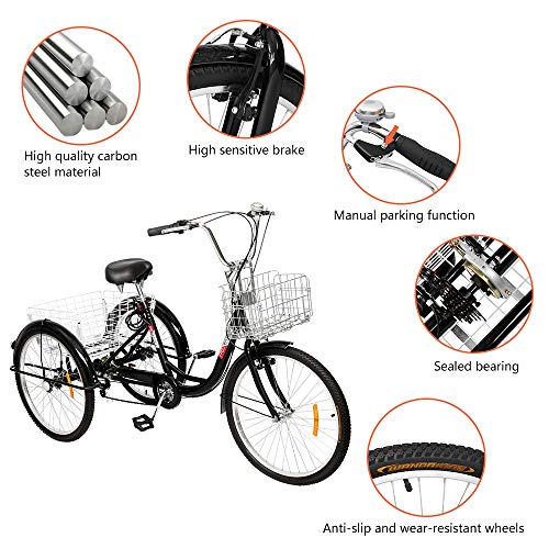 PEXMOR Adult Tricycle, 24/26 Inch 7 Speed 3 Wheel Bikes Tricycle for Adults, Adult Trike for Women/Men/Seniors, Three Wheel Cruiser Bike w/Folding Front & Rear Basket for Shopping/Recreation/Picnic