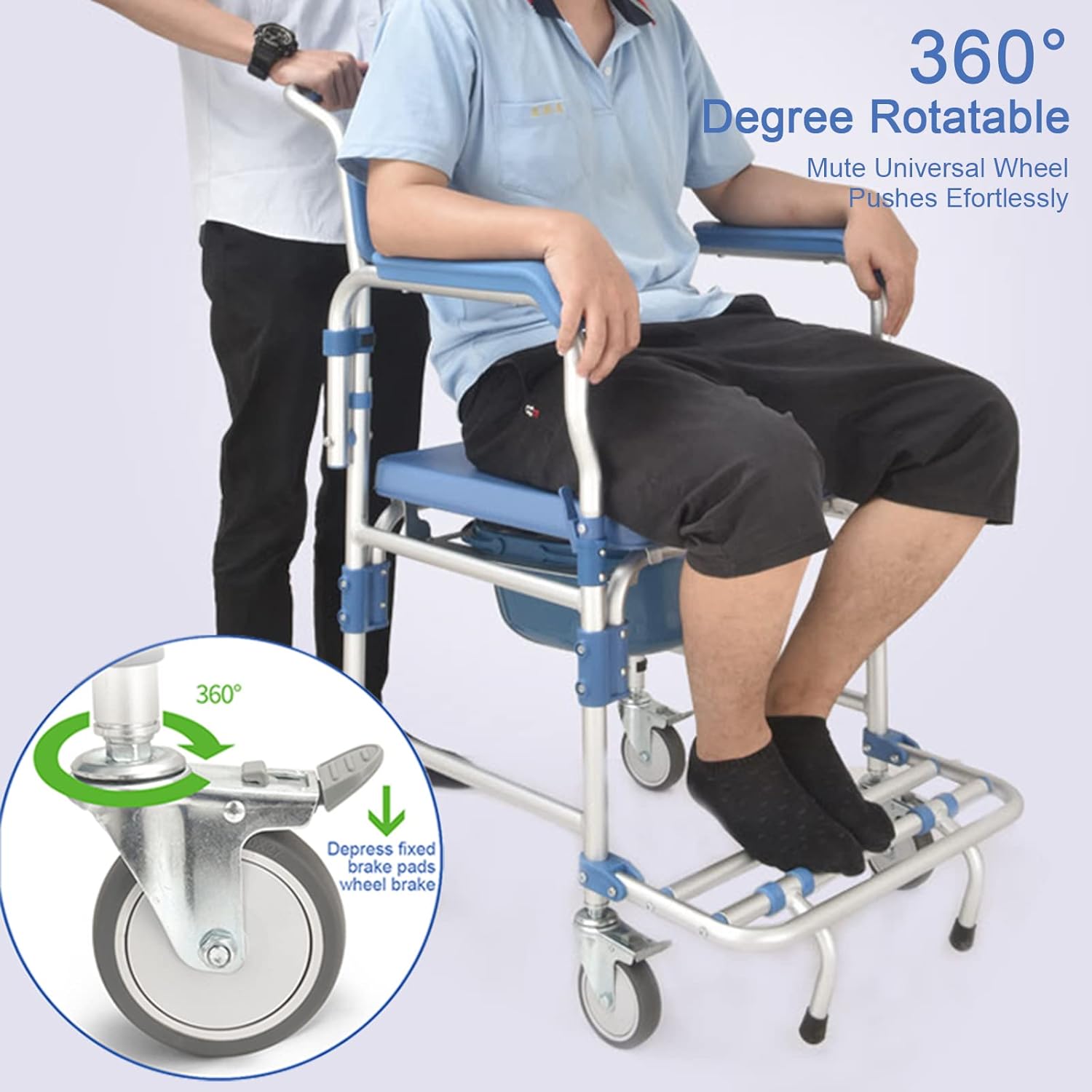 Rolling Showerchair, Wheelchair with Built-in Toilet, Wheelchair Shower Transport Chair/Bathroom Bath Stool for Elder, 4 Wheel Brakes(360°)