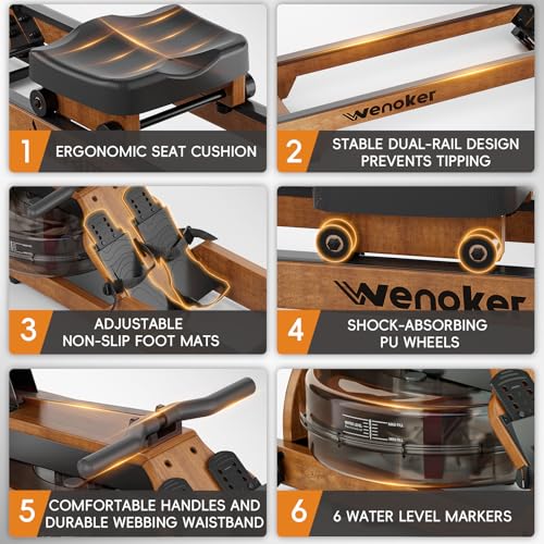 Water Rowing Machine for Home Use, WENOKER Wooden Foldable Rower Machine with Adjustable Monitor & Bluetooth APP, Large Water Tank & Comfortable Seat for Immersive Water Rower, 350LBS Weight Capacity