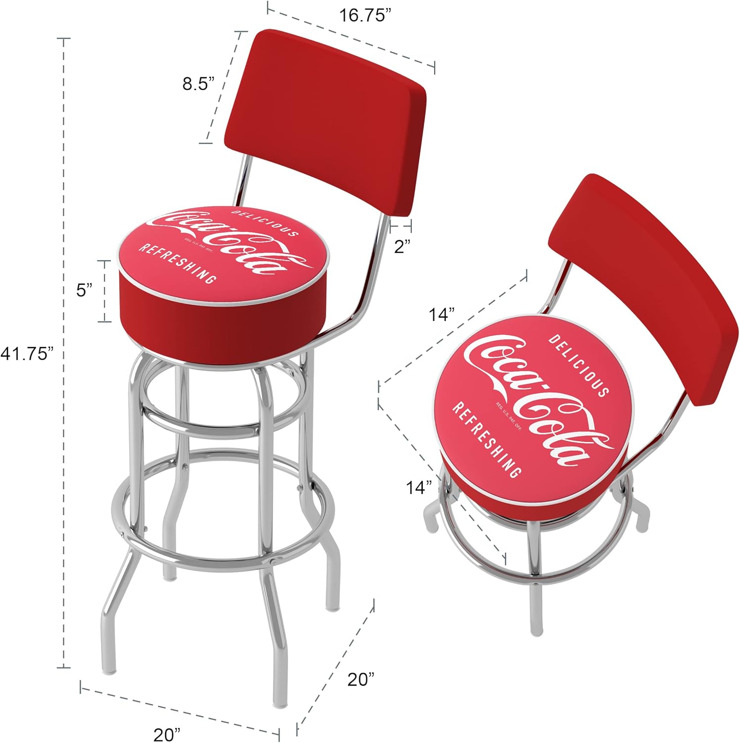 Bar Stool - Coca-Cola Vintage Stool with Foam Padded Seat and Back - Swivel Chair for Game Room, Garage, or Home Bar by Trademark Gameroom