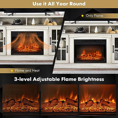 COSTWAY Electric Fireplace TV Stand for TVs Up to 65 Inches, 1400W Heater Insert with Remote Control, 6H Timer, 3-Level Flame, Overheat Protection and CSA Certification, Adjustable Shelves, Grey