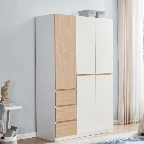 74" H 3 Doors 2 Drawers White Bedroom Wardrobe Armoire Closet Freestanding Clothes Storage Armoire Organizer with Hanging Rod Shelves Clothes Cabinet for Bathrooms Clothes Storage