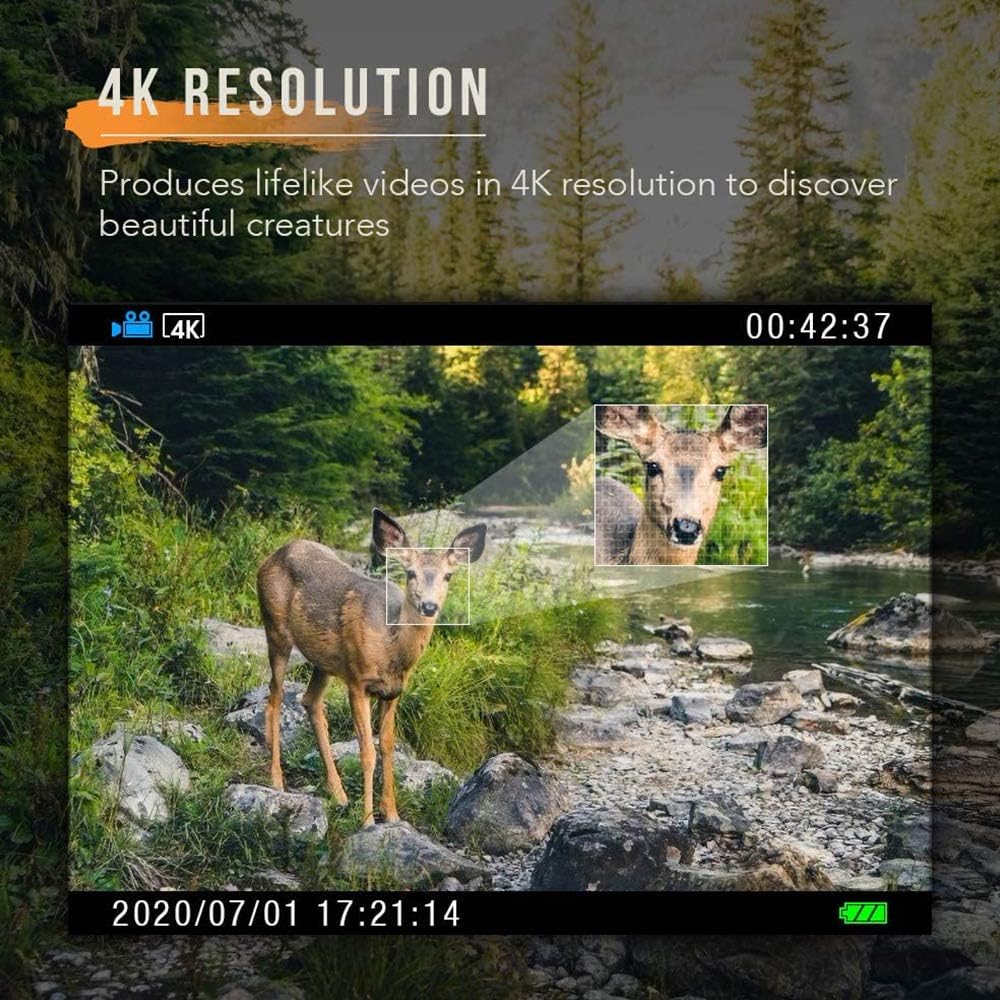 Trail Game Camera 4K 20MP 1080P Night Vision 98ft/30M 0.2s Motion Activated IP66 Waterproof 120° Wide Angle Lens 2.4" LCD Screen Hunting Scouting Cam with Portable Solar Panel and 32GB Card
