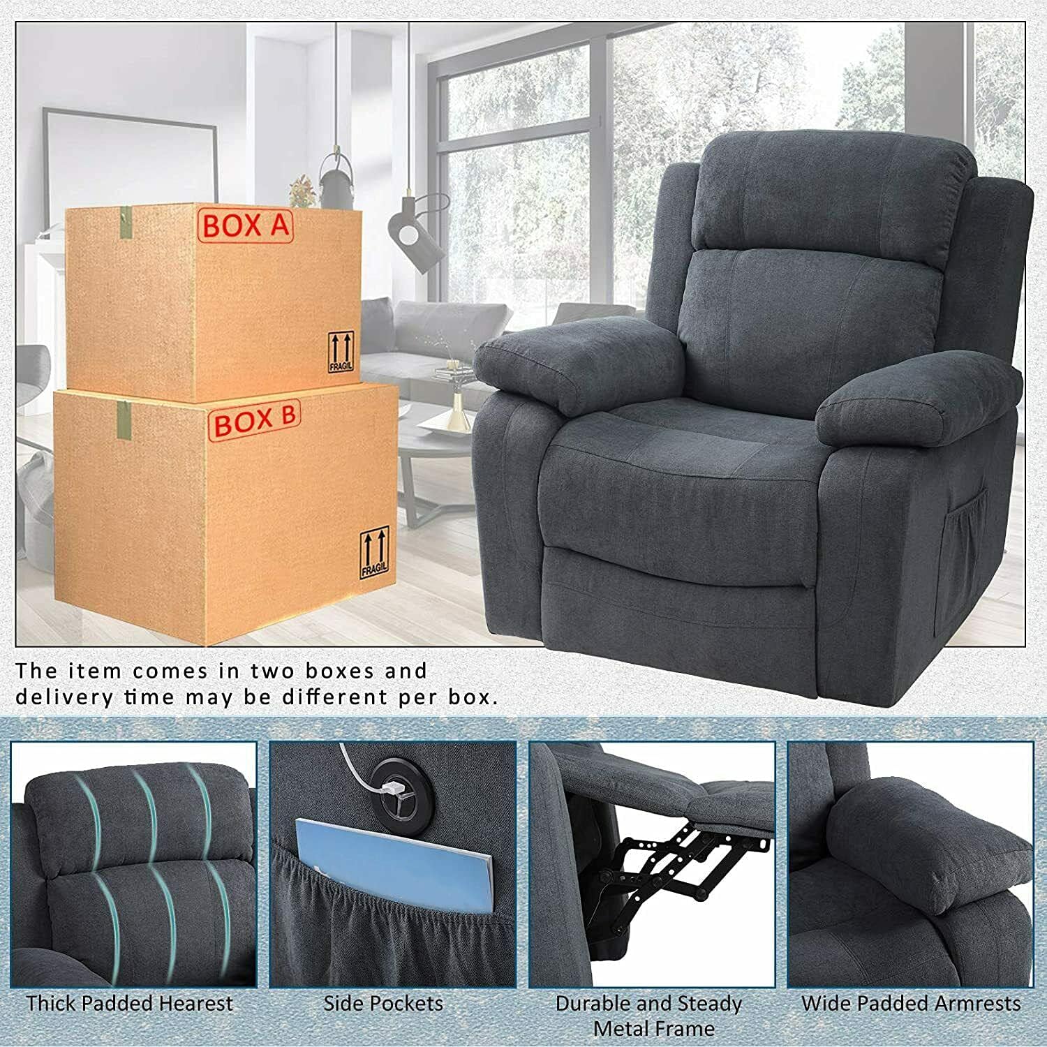 New Grey Linen Fabric Auto Electric Power Lift Massage Vibration Recliner Oversized USB Chair w/Remote Control Sofa Heat Elderly Armchair Foam Sponge Metal 35.43”W x 29.53”D x 40.94”H