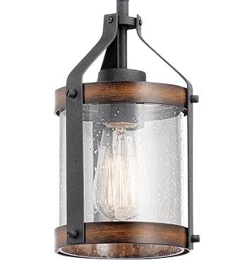 Kichler Barrington Distressed Black/Wood Rustic Seeded Glass Cylinder Pendant
