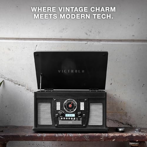 Victrola Navigator 8-in-1 Bluetooth Record Player with Built-in Speakers– 3 Speed Turntable, CD Player, Cassette, FM Radio, USB, RCA Out, Headphone Jack, Wireless Music Streaming, Real Wood (Mahogany)