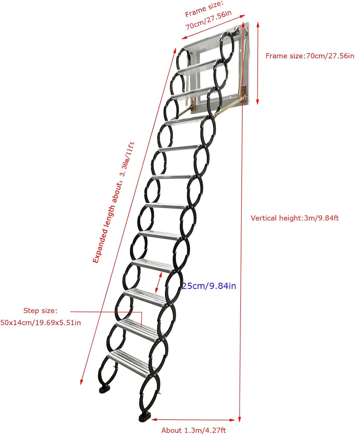 TECHTONGDA Attic Ladder Steps Pull Down 12 Steps Attic Stairs, Attic Access Ladder, Black Wall-mounted Folding Stairs for Attic, Retractable Attic Ladder with Armrests, 9.8 feet Height, Ti-Mg Alloy