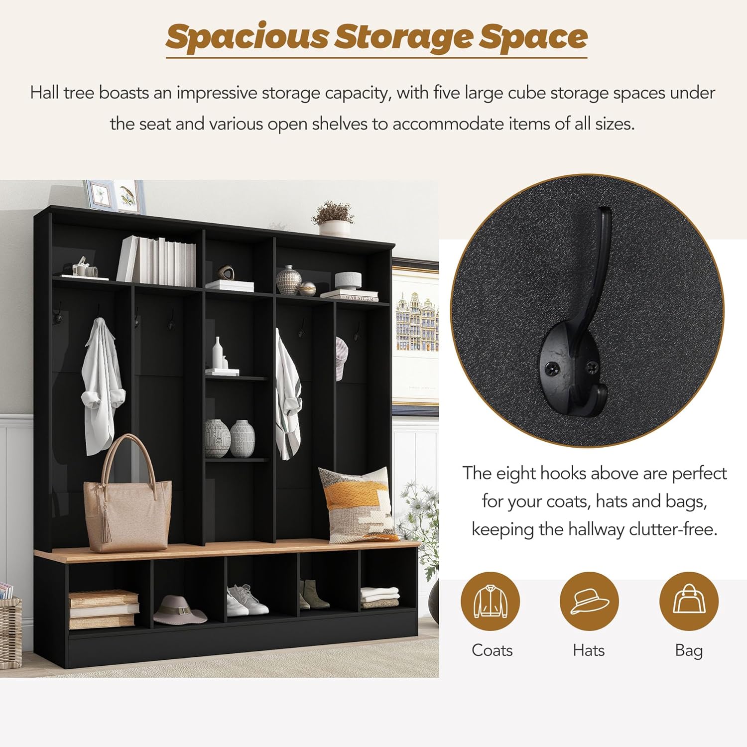 Wide Design 72''H Hall Tree with Storage Bench, Multifunctional Coat Rack with Minimalist Shoe Cabinet, Cube Storage & Shelves and 8 Hooks for Entryways, Mudroom, Black
