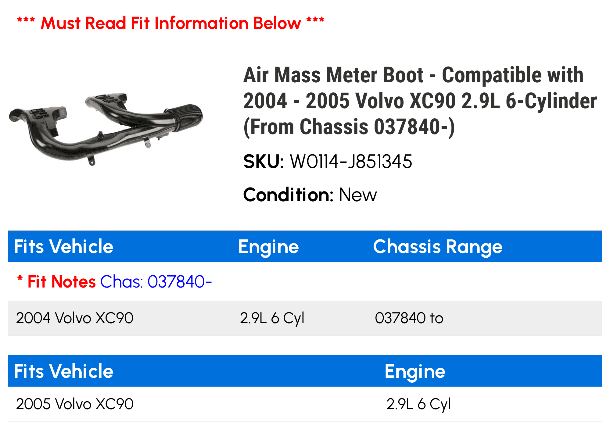 Air Mass Meter Boot - Compatible with 2004 - 2005 Volvo XC90 2.9L 6-Cylinder (From Chassis 037840-)