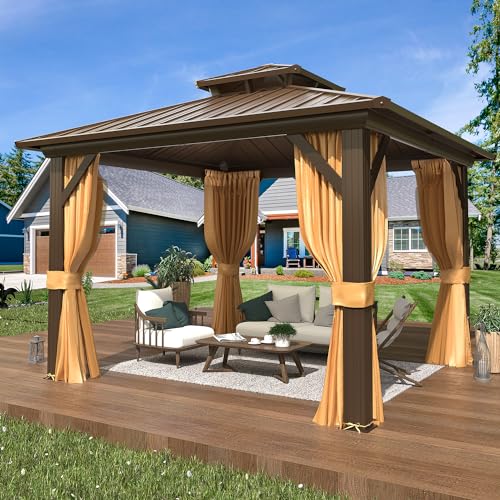 EROMMY 10' x 12' Hardtop Gazebo, Aluminum Frame Gazebos with Galvanized Steel Double Roof, Permanent Outdoor Metal Pavilion with Curtain and Netting for Patio, Lawn, Deck