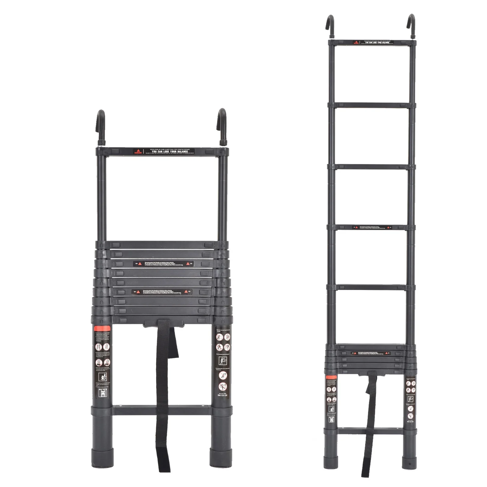 10.5ft Aluminum Extension Ladder Adjustable Height with Detachable Hooks Folding Telescoping Ladder 330LB Max Load Capacity EN131 with Anti-Slip Rubber Feet, Portable Home Office RV Ladder